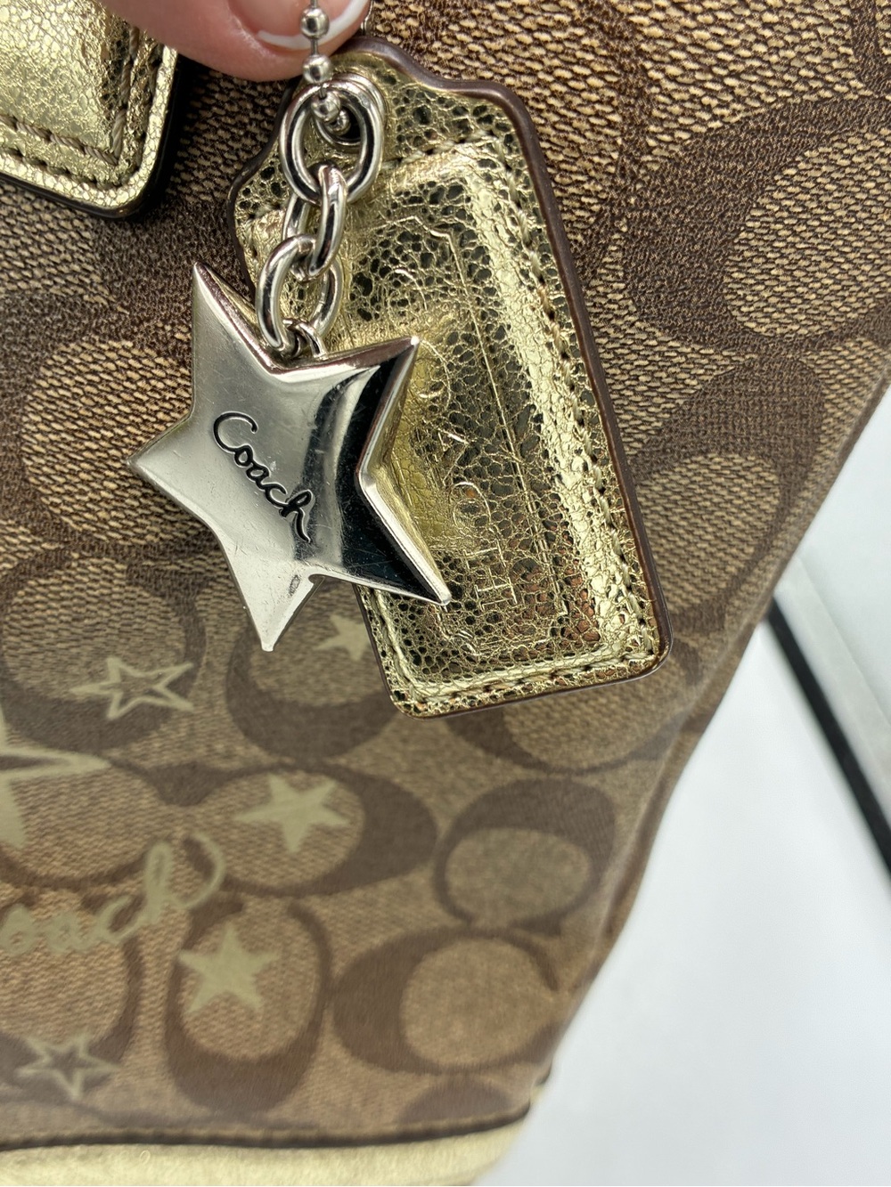 Coach Brown Signature Star Print Tote with Gold Trim - Picture 4 of 15